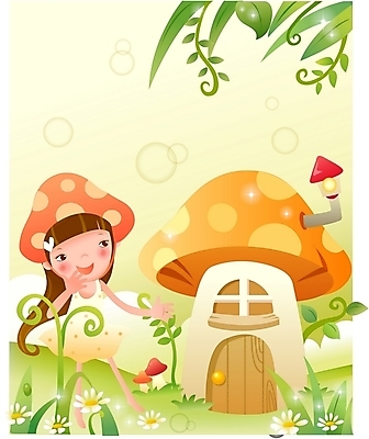 EPS 여자 꽃 초등학생 어린이 일러스트 상상 주택 한명 사람 소녀 야외 판타지 버섯 풀 순수 버섯집 여자만 여자한명만 어린이만 소녀만 소녀한명만 국내일러스트 식물 1 학생 컨셉 건물 파일형식 벡터