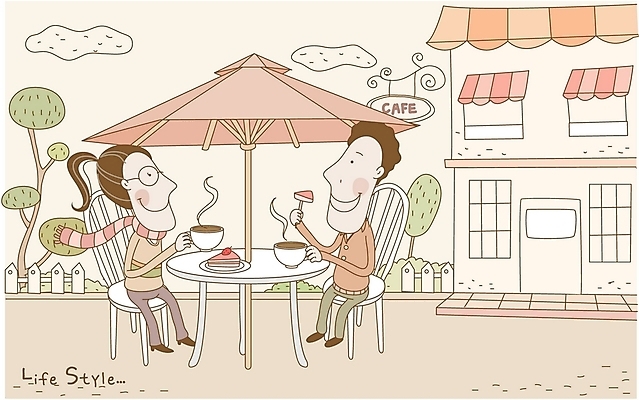 EPS 나무 라이프스타일 커플 여자 남자 여유 커피 의자 데이트 일러스트 휴식 사람 두명 케이크 카페 파라솔 국내일러스트 식물 감정 음료 가구 컨셉 관계 디저트 생활 상점 파일형식 벡터
