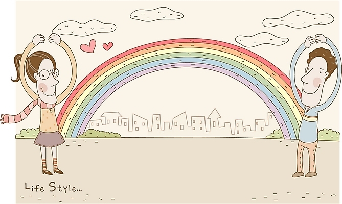 EPS 라이프스타일 커플 여자 남자 무지개 일러스트 거리 사랑 사람 야외 두명 건물 하트 국내일러스트 자연요소 모양 건축물 감정 관계 생활 파일형식 벡터