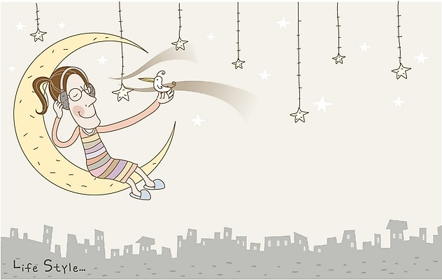 EPS 라이프스타일 여자 별 여유 일러스트 상상 조류 사람 야외 두명 헤드폰 음악감상 달 도시 야간 여자만 국내일러스트 자연요소 동물 감정 음향기기 생활 감상 파일형식 벡터