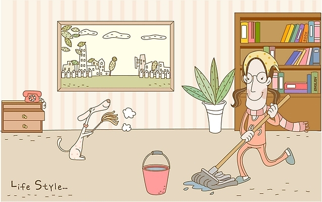 EPS 라이프스타일 여자 화분 액자 가사 일러스트 책장 실내 한명 사람 20대 성인 책 반려동물 개 강아지 먼지떨이 청소 양동이 전화기 서랍장 걸레 대걸레 대청소 밀걸레 여자만 여자한명만 성인여자만 청년만 청년여자만 성인한명만 청년여자한명만 성인여자한명만 성인만 국내일러스트 동물 1 가구 포유류 청년 내부 생활 청소도구 파일형식 벡터