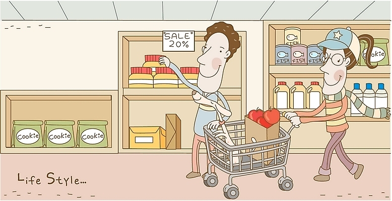 EPS 라이프스타일 부부 커플 여자 남자 일러스트 실내 사람 두명 반려동물 쇼핑 장보기 쇼핑백 세일 쿠키 쇼핑카 시장 개 강아지 사과 마트 국내일러스트 동물 가방 과일 포유류 관계 디저트 내부 생활 상점 카트 파일형식 벡터