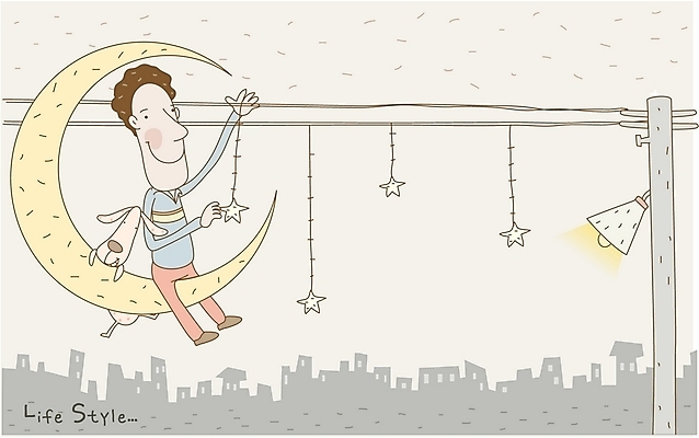 EPS 라이프스타일 여자 남자 별 가로등 일러스트 한명 사람 20대 성인 야외 전선 달 개 야간 저녁 전봇대 별따기 청년만 성인만 국내일러스트 자연요소 1 공공시설 포유류 청년 생활 파일형식 벡터