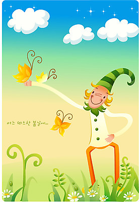 EPS 구름 사계절 계절 남자 꽃 나비 일러스트 청소년 자연 요정 한명 사람 야외 10대 봄 풀잎 남자만 남자한명만 십대만 십대남자만 십대남자한명만 국내일러스트 자연요소 식물 1 곤충 잎 풀_식물 생태계 파일형식 벡터