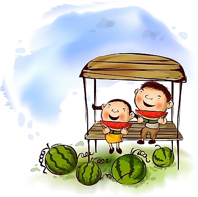 EPS 주간 사계절 계절 여자 남자 어린이라이프 어린이 일러스트 자연 수박 사람 소녀 소년 야외 두명 여름 서리 대서 원두막 어린이만 국내일러스트 자연요소 라이프스타일 과일 절기 생태계 파일형식 벡터