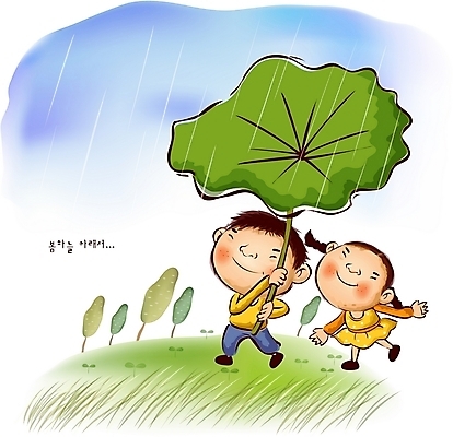 EPS 사계절 계절 여자 남자 어린이라이프 어린이 일러스트 자연 하늘 나뭇잎 사람 소녀 소년 초원 야외 두명 봄 봄비 비 순수 어린이만 국내일러스트 자연요소 라이프스타일 컨셉 잎 날씨 비_날씨 생태계 파일형식 벡터