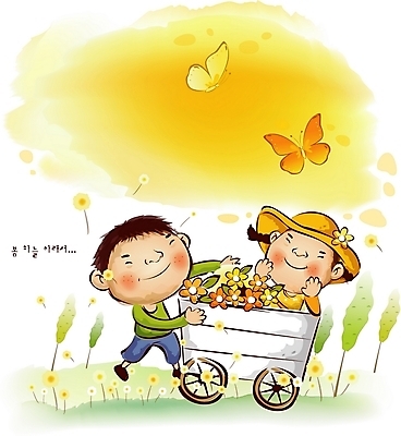 EPS 주간 사계절 계절 여자 남자 꽃 어린이라이프 어린이 나비 일러스트 자연 사람 소녀 소년 초원 야외 두명 수레 봄 순수 꽃마차 어린이만 국내일러스트 자연요소 식물 라이프스타일 곤충 컨셉 카트 생태계 마차 파일형식 벡터