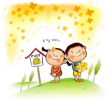 EPS 주간 사계절 계절 여자 남자 꽃 어린이라이프 어린이 꽃다발 일러스트 자연 하늘 사람 소녀 소년 초원 야외 두명 봄 우체통 편지 언덕 설레임 어린이만 국내일러스트 자연요소 식물 라이프스타일 감정 생태계 파일형식 벡터