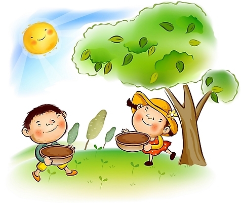 EPS 주간 나무 사계절 계절 여자 남자 어린이라이프 어린이 일러스트 자연 하늘 나뭇잎 사람 소녀 소년 야외 두명 태양 바구니 새싹 봄 어린이만 국내일러스트 자연요소 식물 라이프스타일 잎 생태계 파일형식 벡터