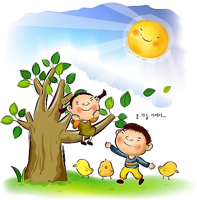 EPS 주간 나무 사계절 계절 여자 남자 어린이라이프 어린이 일러스트 자연 하늘 나뭇잎 병아리 사람 소녀 소년 야외 두명 태양 봄 순수 어린이만 국내일러스트 자연요소 식물 라이프스타일 컨셉 잎 조류 생태계 파일형식 벡터