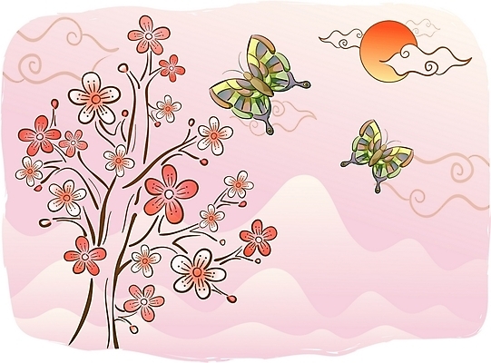 EPS 주간 식물 구름 전통 명절 꽃 나비 백그라운드 일러스트 봄꽃 자연 새해 산 한국 사람없음 야외 설날 태양 전통문양 연하장 매화 국내일러스트 자연요소 문양 기념일 아시아 곤충 카드_감사 봄 생태계 파일형식 벡터