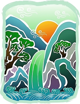 EPS 주간 자연요소 구름 한국전통 전통 명절 백그라운드 일러스트 새해 산 사람없음 야외 물 설날 태양 전통문양 계곡 폭포 소나무 동양화 연하장 국내일러스트 나무 문양 기념일 자연 카드_감사 한국 미술 파일형식 벡터