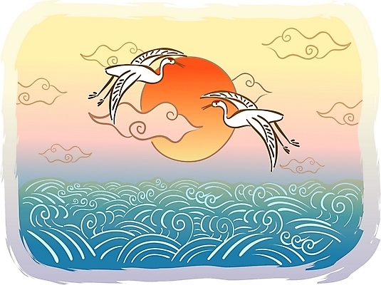 EPS 주간 자연요소 구름 전통 명절 파도 바다 백그라운드 두마리 일러스트 새해 한국 사람없음 야외 설날 태양 전통문양 학 연하장 국내일러스트 문양 기념일 아시아 2 조류 카드_감사 파일형식 벡터