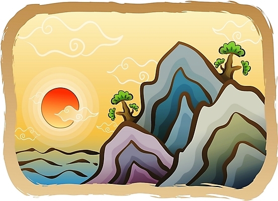 EPS 주간 자연요소 구름 한국전통 전통 명절 바다 백그라운드 일러스트 새해 산 풍경 사람없음 야외 설날 태양 전통문양 일출 노을 소나무 동양화 연하장 국내일러스트 나무 문양 기념일 카드_감사 한국 미술 파일형식 벡터