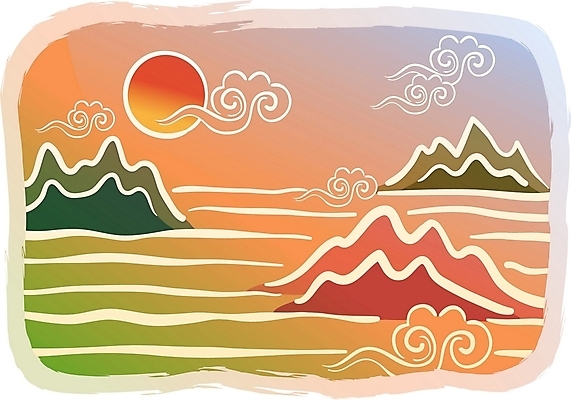 EPS 주간 자연요소 구름 한국전통 전통 명절 백그라운드 일러스트 새해 산 풍경 사람없음 야외 설날 태양 전통문양 노을 동양화 연하장 국내일러스트 문양 기념일 카드_감사 한국 미술 파일형식 벡터