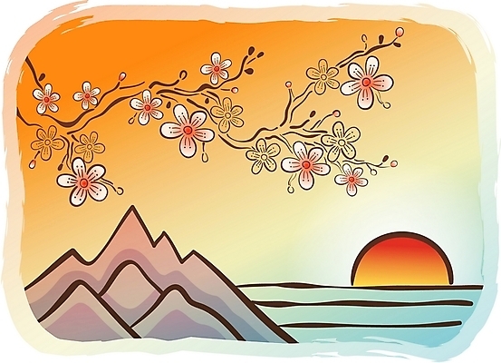 EPS 주간 식물 전통 명절 꽃 바다 백그라운드 일러스트 봄꽃 자연 새해 산 한국 풍경 사람없음 야외 설날 태양 일출 노을 매화 국내일러스트 자연요소 기념일 아시아 봄 생태계 파일형식 벡터