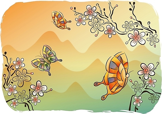 EPS 식물 전통 명절 꽃 나비 백그라운드 일러스트 봄꽃 자연 새해 산 한국 세마리 풍경 사람없음 야외 설날 매화 국내일러스트 기념일 아시아 곤충 3 봄 생태계 파일형식 벡터