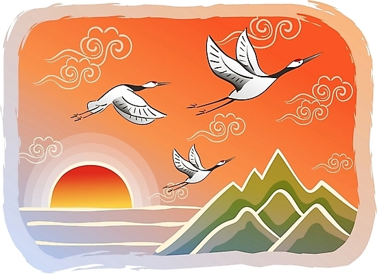 EPS 주간 자연요소 구름 전통 명절 바다 백그라운드 일러스트 새해 산 한국 세마리 풍경 사람없음 야외 설날 태양 전통문양 일출 노을 학 국내일러스트 문양 기념일 아시아 조류 3 파일형식 벡터