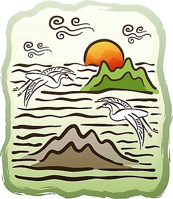 EPS 주간 자연요소 구름 한국전통 전통 명절 백그라운드 두마리 일러스트 새해 산 풍경 사람없음 야외 설날 태양 전통문양 일출 학 동양화 국내일러스트 문양 기념일 2 조류 한국 미술 노을 파일형식 벡터