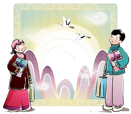 EPS 전통 부부 커플 여자 명절 남자 두마리 일러스트 조류 새해 산 선물 사람 성인 두명 30대 설날 태양 전통문양 학 한복 귀향 귀성길 새해선물 장년만 성인만 설선물 국내일러스트 자연요소 동물 한국전통 문양 기념일 2 관계 장년 전통의상 파일형식 벡터 명절선물