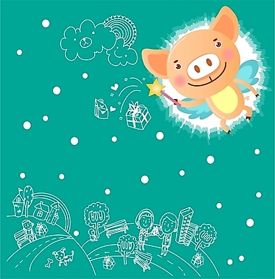 EPS 동물 구름 척추동물 육지동물 명절 선 날개 일러스트 포유류 상상 새해 한국 선물 사람없음 설날 마을 돼지띠 돼지 마술봉 새해선물 설선물 국내일러스트 자연요소 전통 기념일 아시아 십이지신 마술도구 파일형식 벡터 명절선물