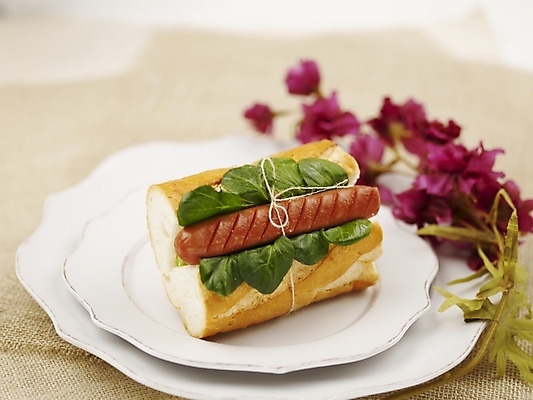 포토 JPG 스튜디오촬영 그릇 접시 꽃 음식 실내 샌드위치 근접촬영 사람없음 장식 가로 초록색 보라색 소시지 국내포토 식물 식기 뷰포인트 컬러 내부 가공식품 파일형식