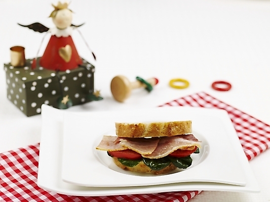 포토 JPG 스튜디오촬영 그릇 접시 음식 빵 토마토 채소 서양음식 실내 샌드위치 사람없음 장식 가로 장난감 피규어 식탁보 바게트 베이컨 국내포토 식기 돼지고기 내부 미니어처 파일형식