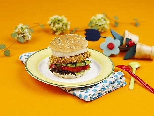 포토 JPG 스튜디오촬영 그릇 접시 꽃 음식 포크 패스트푸드 실내 사람없음 장식 가로 빨간색 노란색 숟가락 햄버거 식탁보 미니화분 치킨버거 국내포토 식물 식기 화분 컬러 수저 내부 인스턴트 파일형식