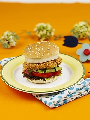 포토 JPG 스튜디오촬영 그릇 접시 꽃 음식 패스트푸드 실내 사람없음 장식 세로 햄버거 식탁보 미니화분 치킨버거 국내포토 식물 식기 화분 인스턴트 파일형식