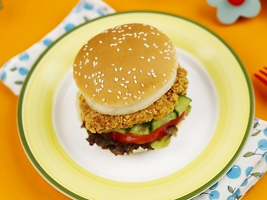 포토 JPG 스튜디오촬영 그릇 접시 음식 패스트푸드 실내 근접촬영 사람없음 장식 가로 하이앵글 햄버거 식탁보 치킨버거 국내포토 식기 뷰포인트 인스턴트 파일형식