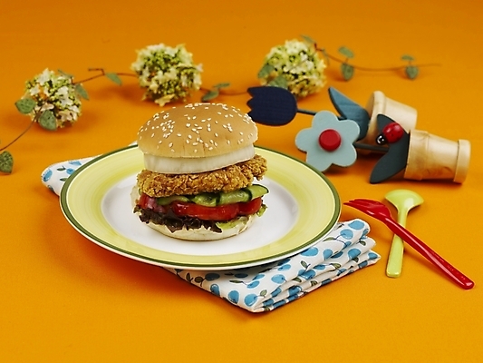 포토 JPG 스튜디오촬영 그릇 접시 음식 패스트푸드 실내 사람없음 가로 빨간색 노란색 숟가락 햄버거 식탁보 미니화분 치킨버거 국내포토 식기 화분 컬러 수저 내부 인스턴트 파일형식