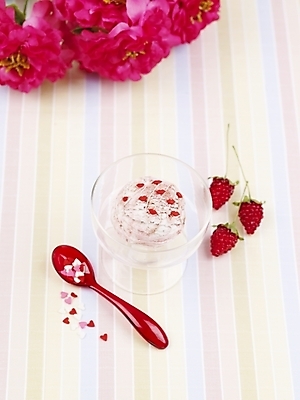 포토 JPG 스튜디오촬영 식물 그릇 꽃 음식 분홍색 과일 아이스크림 디저트 실내 사람없음 빨간색 숟가락 유리그릇 믹싱볼 국내포토 식기 컬러 유리 수저 내부 파일형식