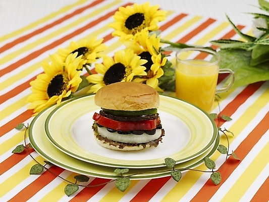 포토 JPG 스튜디오촬영 식물 그릇 접시 꽃 음료 음식 포크 탁자 해바라기 잔 패스트푸드 실내 사람없음 장식 가로 노란색 주스 햄버거 식탁보 오렌지주스 덩굴 오브젝트 국내포토 식기 컬러 가구 내부 인스턴트 과일주스 파일형식