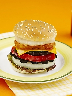 포토 JPG 스튜디오촬영 그릇 접시 음식 양파 패스트푸드 실내 사람없음 세로 햄버거 식탁보 치즈버거 국내포토 식기 채소 내부 인스턴트 파일형식