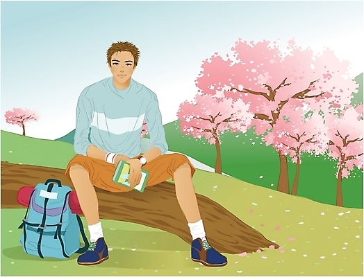 EPS 주간 나무 계절 남자 꽃 여행 일러스트 배낭 하늘 휴가 휴식 한명 사람 초원 20대 성인 야외 책 봄 벚꽃 언덕 나무기둥 봄여행 남자만 남자한명만 성인남자만 청년만 청년남자만 청년남자한명만 성인한명만 성인남자한명만 성인만 국내일러스트 자연요소 식물 1 컨셉 가방 청년 파일형식 벡터