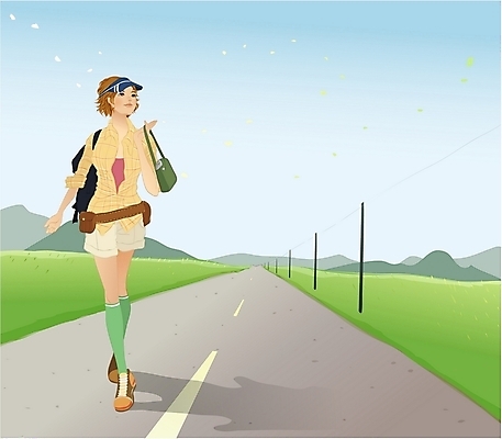 EPS 주간 여자 도로 여행 일러스트 배낭 하늘 휴가 산 그림자 한명 사람 초원 20대 성인 야외 봄 산책 하이킹 벨트 시골 고속도로 전봇대 봄여행 여자만 여자한명만 성인여자만 청년만 청년여자만 성인한명만 청년여자한명만 성인여자한명만 성인만 국내일러스트 자연요소 1 잡화 계절 공공시설 길 가방 교통시설 레저 휴식 청년 파일형식 벡터