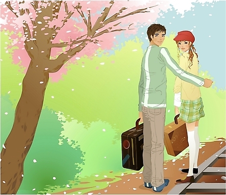 EPS 주간 나무 커플 계절 여자 남자 꽃 길 여행 일러스트 교통시설 휴가 사람 야외 두명 봄 기찻길 로맨틱 벚꽃 기차여행 봄여행 선로 짐가방 국내일러스트 자연요소 식물 교통 컨셉 가방 관계 시설 파일형식 벡터