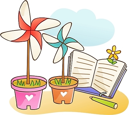 EPS 교육 꽃 화분 일러스트 하늘 수업 문구용품 교재 사람없음 간행물 책 독서 필기구 바람개비 독서대 국내일러스트 식물 오브젝트 파일형식 벡터