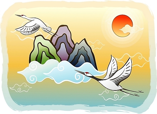 EPS 주간 동물 구름 척추동물 한국전통 문양 커플 명절 한쌍 백그라운드 일러스트 조류 하늘 새해 산 풍경 사람없음 야외 설날 태양 전통문양 노을 학 동양화 국내일러스트 자연요소 전통 기념일 관계 한국 미술 파일형식 벡터