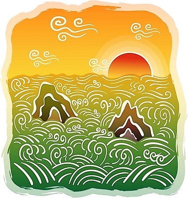 EPS 주간 구름 한국전통 문양 명절 파도 바다 백그라운드 일러스트 하늘 새해 풍경 사람없음 야외 설날 태양 전통문양 일출 노을 일몰 돌_바위 바위 동양화 암초 국내일러스트 자연요소 전통 기념일 한국 미술 파일형식 벡터