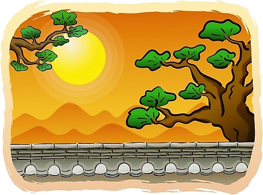 EPS 주간 나무 한국문화 한국전통 시설물 건축 백그라운드 고건축 한국건축 일러스트 하늘 새해 기와 기와집 풍경 사람없음 야외 담장 태양 전통문양 노을 동양건축 일몰 소나무 국내일러스트 자연요소 식물 동양문화 전통 문양 건축물 한옥 한국 파일형식 벡터 동양