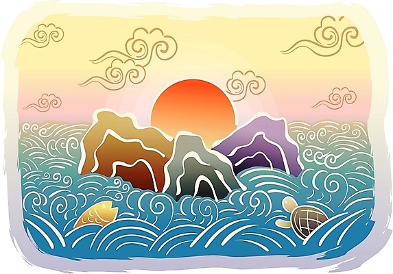 EPS 주간 구름 한국전통 문양 명절 파도 바다 백그라운드 일러스트 하늘 새해 어류 풍경 사람없음 야외 설날 태양 전통문양 노을 돌_바위 바위 거북이 동양화 암초 장수 장수_수명 국내일러스트 자연요소 전통 기념일 파충류 한국 미술 수중동물 파일형식 벡터