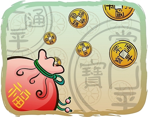 EPS 한국전통 잡화 명절 백그라운드 돈 일러스트 새해 복주머니 사람없음 설날 전통문양 동전 향주머니 엽전 상평통보 국내일러스트 전통 문양 기념일 전통소품 한국 재산 주머니 파일형식 벡터