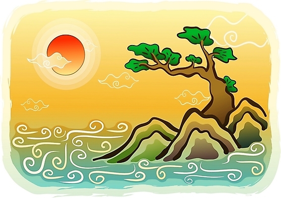 EPS 주간 구름 한국전통 문양 파도 바다 백그라운드 일러스트 하늘 새해 풍경 사람없음 야외 태양 전통문양 노을 일몰 돌_바위 바위 소나무 동양화 암초 국내일러스트 자연요소 나무 전통 한국 미술 파일형식 벡터