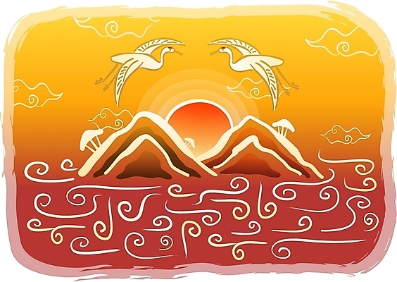 EPS 주간 구름 한국전통 명절 파도 백그라운드 일러스트 하늘 새해 산 풍경 사람없음 야외 설날 태양 전통문양 노을 학 동양화 국내일러스트 자연요소 전통 문양 기념일 바다 조류 한국 미술 파일형식 벡터