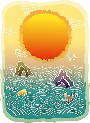 EPS 자연요소 한국전통 명절 파도 바다 백그라운드 일러스트 새해 어류 사람없음 설날 태양 전통문양 일출 돌_바위 바위 거북이 암초 국내일러스트 전통 문양 기념일 파충류 한국 노을 수중동물 파일형식 벡터