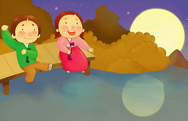 PSD 나무 한국전통 계절 여자 명절 남자 별 어린이 일러스트 페인터 하늘 사람 소녀 소년 야외 두명 강 반사 추석 보름달 달 가을 야간 전통의상 한복 나루터 어린이만 국내일러스트 자연요소 식물 전통 기념일 페인팅 한국 항구 파일형식