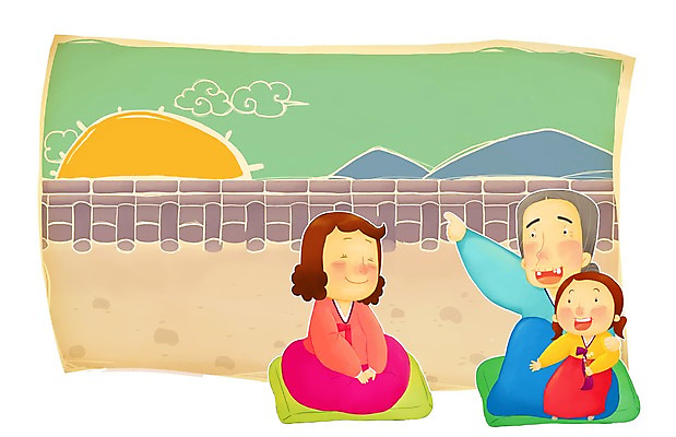 PSD 구름 한국전통 여자 명절 노년 할머니 어린이 일러스트 가족 페인터 하늘 엄마 손녀 산 사람 소녀 야외 세명 담장 태양 추석 농촌 시골 전통의상 한복 고향 여자만 국내일러스트 자연요소 전통 기념일 관계 페인팅 한국 성인 손주 파일형식