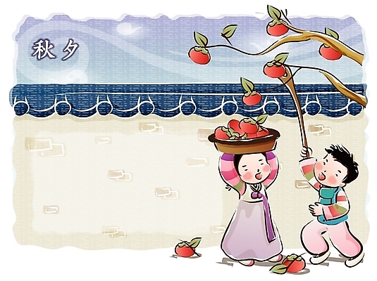 EPS 나무 한국전통 계절 여자 명절 열매 남자 어린이 고건축 과일 일러스트 하늘 감 기와집 사람 소녀 소년 야외 두명 담장 바구니 추석 가을 막대기 전통의상 한복 서리 어린이만 국내일러스트 식물 전통 건축물 기념일 한옥 한국 파일형식 벡터