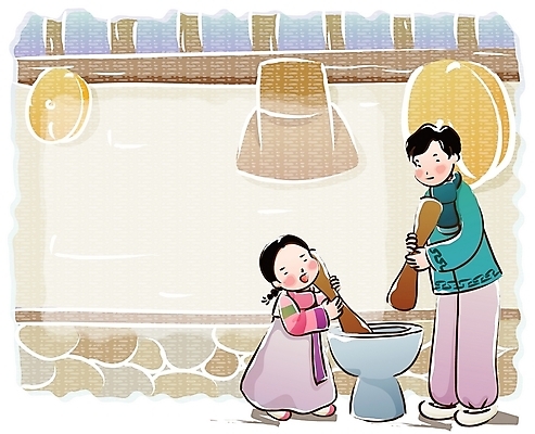 EPS 한국전통 여자 명절 남자 어린이 일러스트 가족 열쇠 새해 실내 사람 소녀 소년 두명 설날 농가 바구니 농촌 시골 아빠 전통의상 한복 키_도구 절구 고향 방아 국내일러스트 전통 기념일 관계 한국 내부 농장 도구 파일형식 벡터